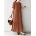 Solid Button Front Ruched Short Sleeve Crew Neck Maxi Dress