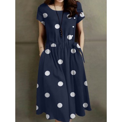 Dot Print Drawstring Waist Pocket Short Sleeve Dress