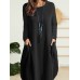 Solid Dual Pocket Long Sleeve Crew Neck Vintage Dress