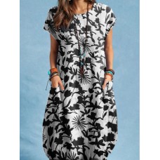 Plants Print Pocket Short Sleeve Crew Neck Casual Dress