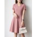 Solid A  line Short Sleeve V  neck Dress For Women