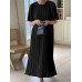 Solid Pleated Short Sleeve Crew Neck Casual Dress