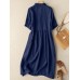 Solid Button Front Lapel Short Sleeve Women Dress