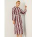 Stripe Pattern Double Slit Hem Long Sleeve Stand Collar Dress