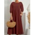 Solid Pocket 3 4 Sleeve Crew Neck Vintage Dress