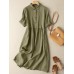 Solid Button Front Lapel Short Sleeve Women Dress