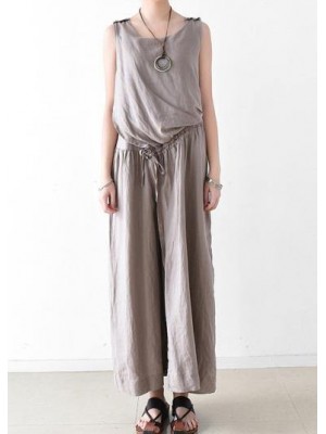 Spring Women Cotton Hemp Loose Wide Leg Jumpsuit Casual Pants