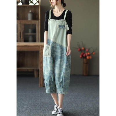 Women Light Blue Pockets Patchwork Jumpsuit Crop Pants