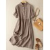 Solid Button Front Lapel Short Sleeve Women Dress