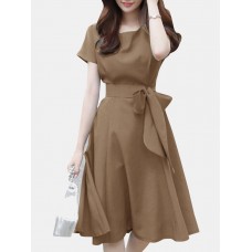 Solid A  line Short Sleeve Crew Neck Dress With Belt