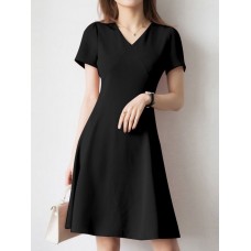 Solid A  line Short Sleeve V  neck Dress For Women