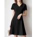 Solid A  line Short Sleeve V  neck Dress For Women