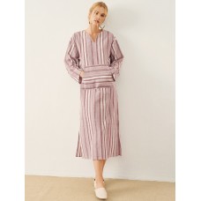 Stripe Pattern Pocket Slit Hem Long Sleeve V  neck Dress