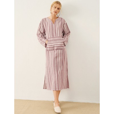 Stripe Pattern Pocket Slit Hem Long Sleeve V  neck Dress