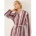 Stripe Pattern Double Slit Hem Long Sleeve Stand Collar Dress