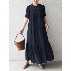 Solid Button Front Ruched Short Sleeve Crew Neck Maxi Dress