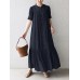 Solid Button Front Ruched Short Sleeve Crew Neck Maxi Dress