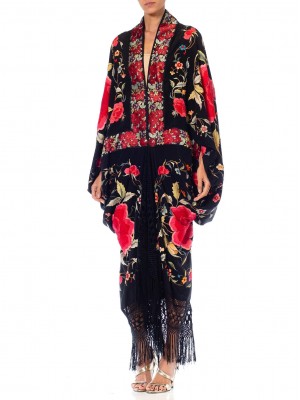 Morphew Collection Red & Black Silk Hand Embroidered Floral Cocoon