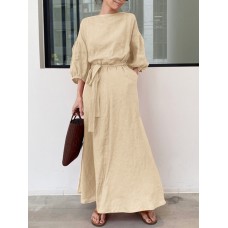 Solid Puff Sleeve Pocket Tie Crew Neck Maxi Vintage Dress