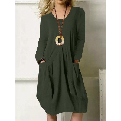 Solid Pocket Long Sleeve Crew Neck Vintage Dress