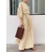 Solid Puff Sleeve Pocket Tie Crew Neck Maxi Vintage Dress