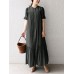 Solid Button Front Ruched Short Sleeve Crew Neck Maxi Dress