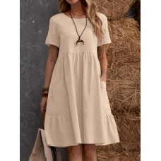 Solid Short Sleeve Pocket Crew Neck Vintage Dress