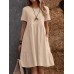 Solid Short Sleeve Pocket Crew Neck Vintage Dress