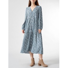 Allover Floral Print Button Front V  neck Long Sleeve Dress