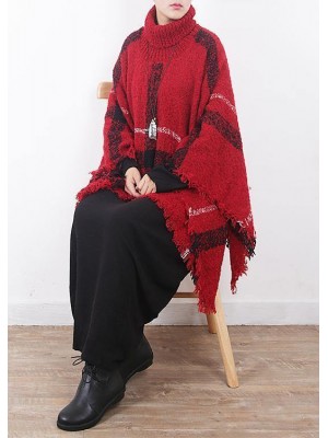 red plaid tassel cloak women casual high neck knit sweater