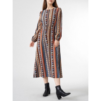 Tribal Pattern Long Sleeve Crew Neck Dress For Women