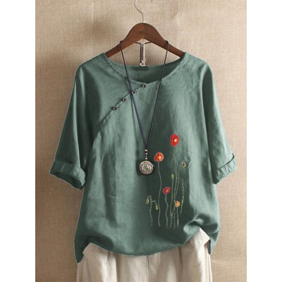 Flower Embroidery O  neck Long Sleeve Button Vintage T  shirts