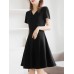 Solid A  line Short Sleeve V  neck Dress For Women