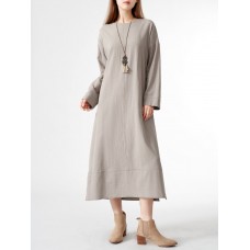 Solid Slit Hem Long Sleeve Crew Neck Vintage Dress