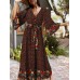 Bohemian Floral Print Belt Ruffle Sleeve Maxi Dress