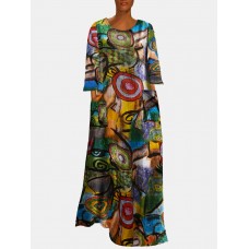 Multi  color Ethnic Print Long Sleeve Vintage Maxi Dress For Women