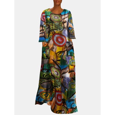 Multi  color Ethnic Print Long Sleeve Vintage Maxi Dress For Women