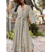 Bohemian Floral Print Belt Ruffle Sleeve Maxi Dress