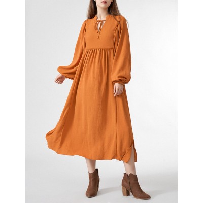 Solid Slit Tie Front Long Sleeve V  neck Casual Dress